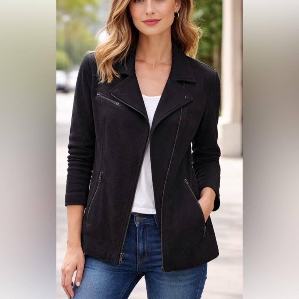 Eileen Fisher black knit moto jacket